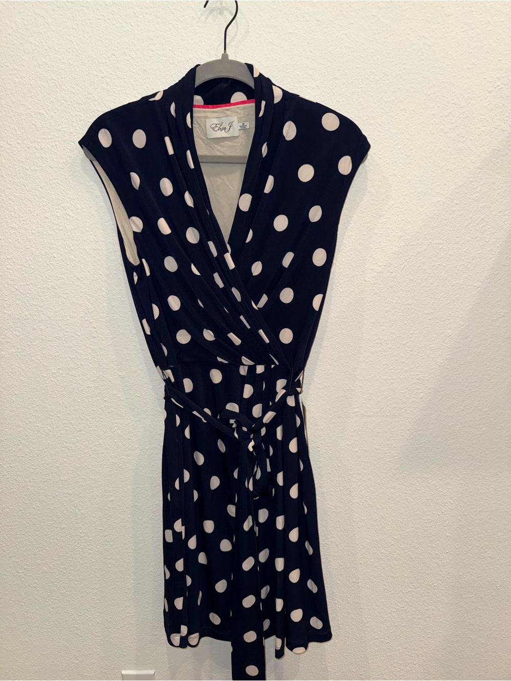 Eliza J Navy Midi Wrap Dress with Cream Polka Dots